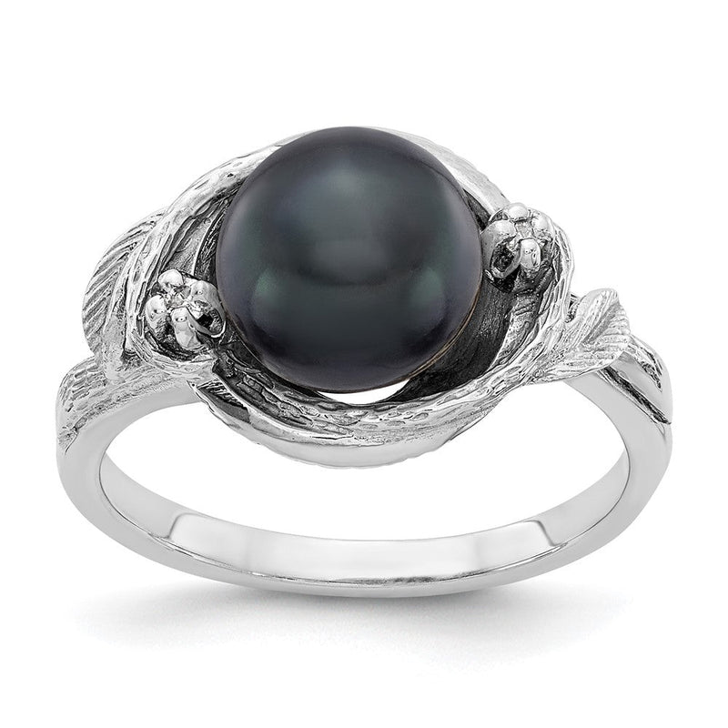 Ring aus 14K Weißgold mit 7,5 mm schwarzer FW-Zuchtperle und echten Diamanten VS