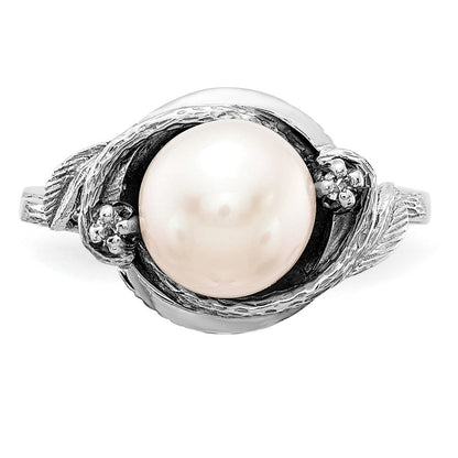 14K Weißgold 7.5mm Fw Zuchtperle Aa Diamant Ring
