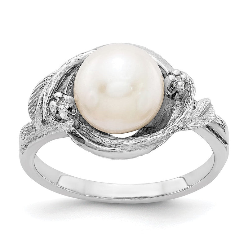14K Weißgold Ring mit 7,5-mm-Zuchtperle und echten VS-Diamanten