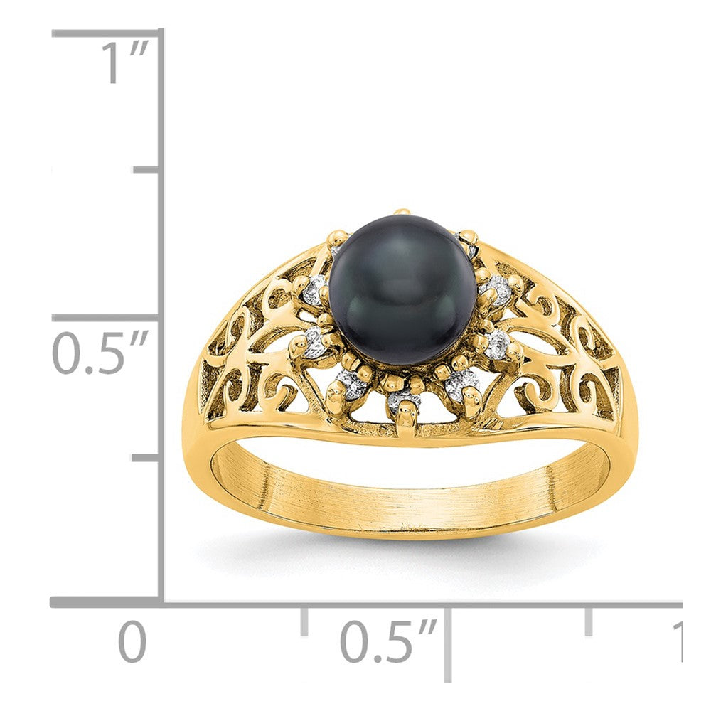 14K Gelbgold Ring mit 6 mm schwarzer FW-Zuchtperle AA und echtem Diamant