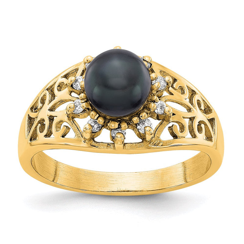 14K-Gelbgold-Ring mit 6-mm-schwarzer-FW-Zuchtperle und echten VS-Diamanten