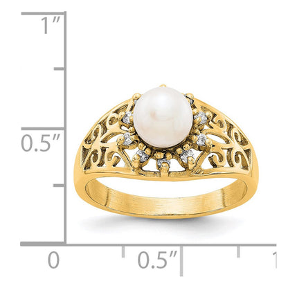 14K Gelbgold Ring mit 6-mm-Süßwasserzuchtperle A und echten Diamanten