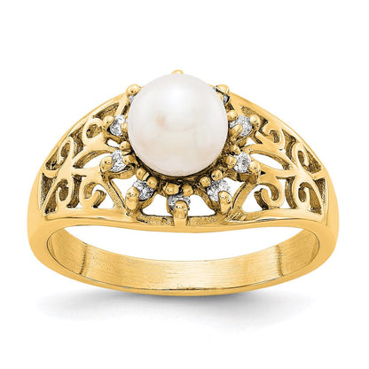 14K Gelbgold Ring mit 6-mm-Süßwasserzuchtperle A und echten Diamanten