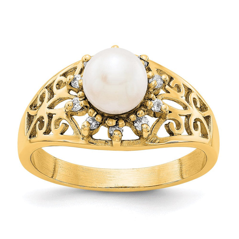 Ring aus 14K Gelbgold mit 6mm Süßwasser-Zuchtperlen AA und echten Diamanten