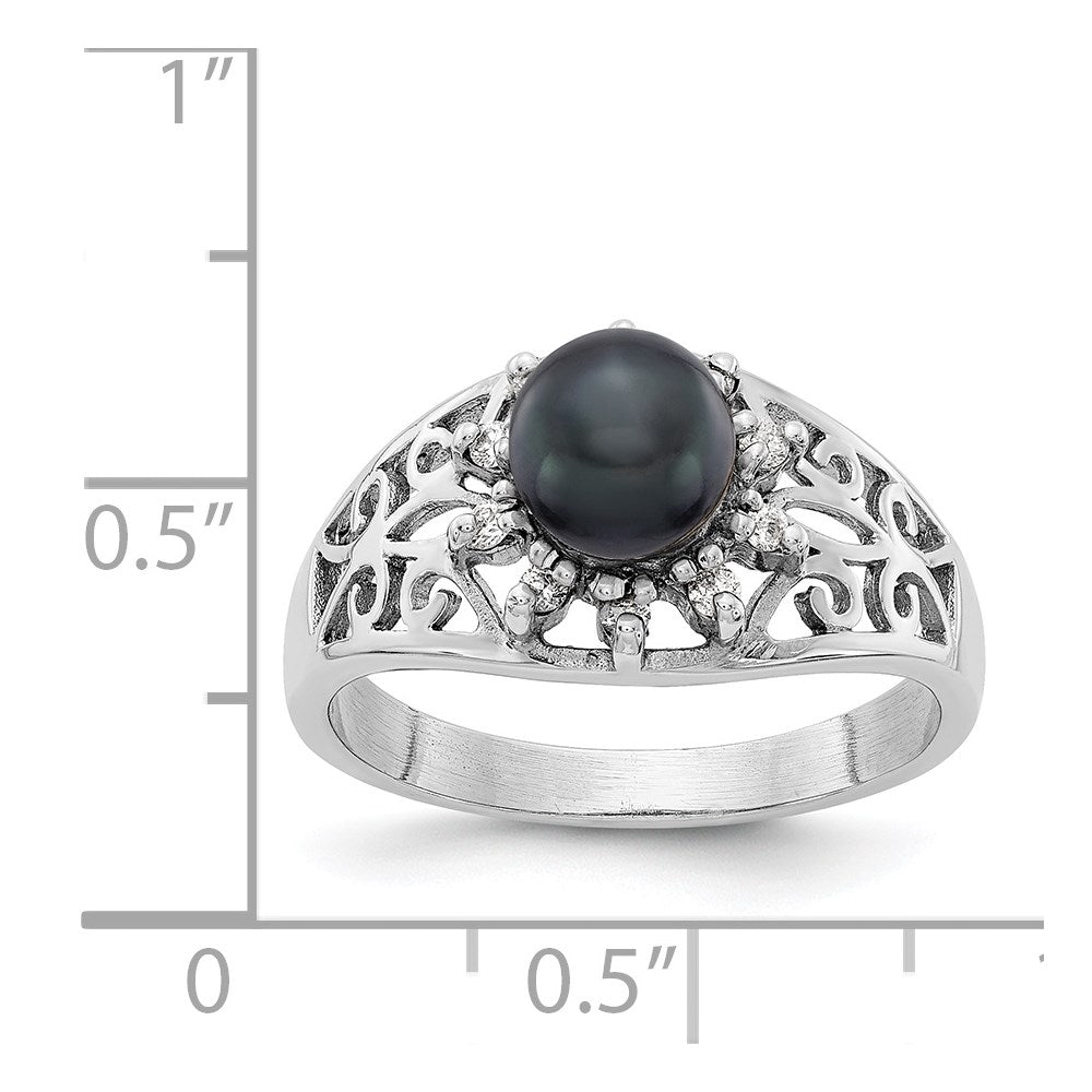 14K Weißgold 6mm Schwarz Fw Zuchtperle Vs Diamant Ring