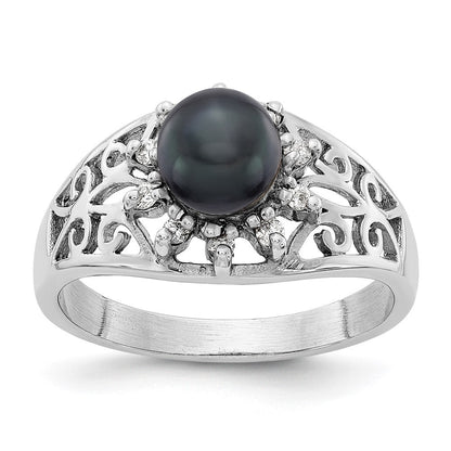 14K Weißgold 6mm Schwarz Fw Zuchtperle Vs Diamant Ring