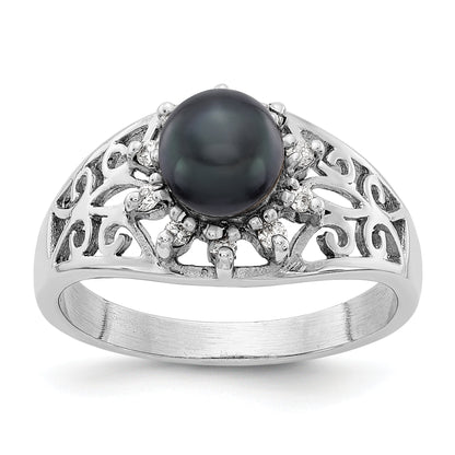 14K Weißgold 6mm Schwarz Fw Zuchtperle A Echt Diamant Ring