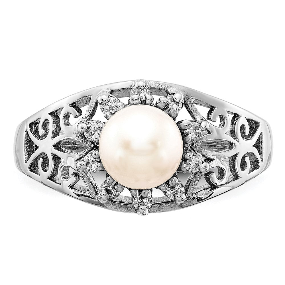 14K Weißgold 6mm Fw Zuchtperle Aa Diamant Ring