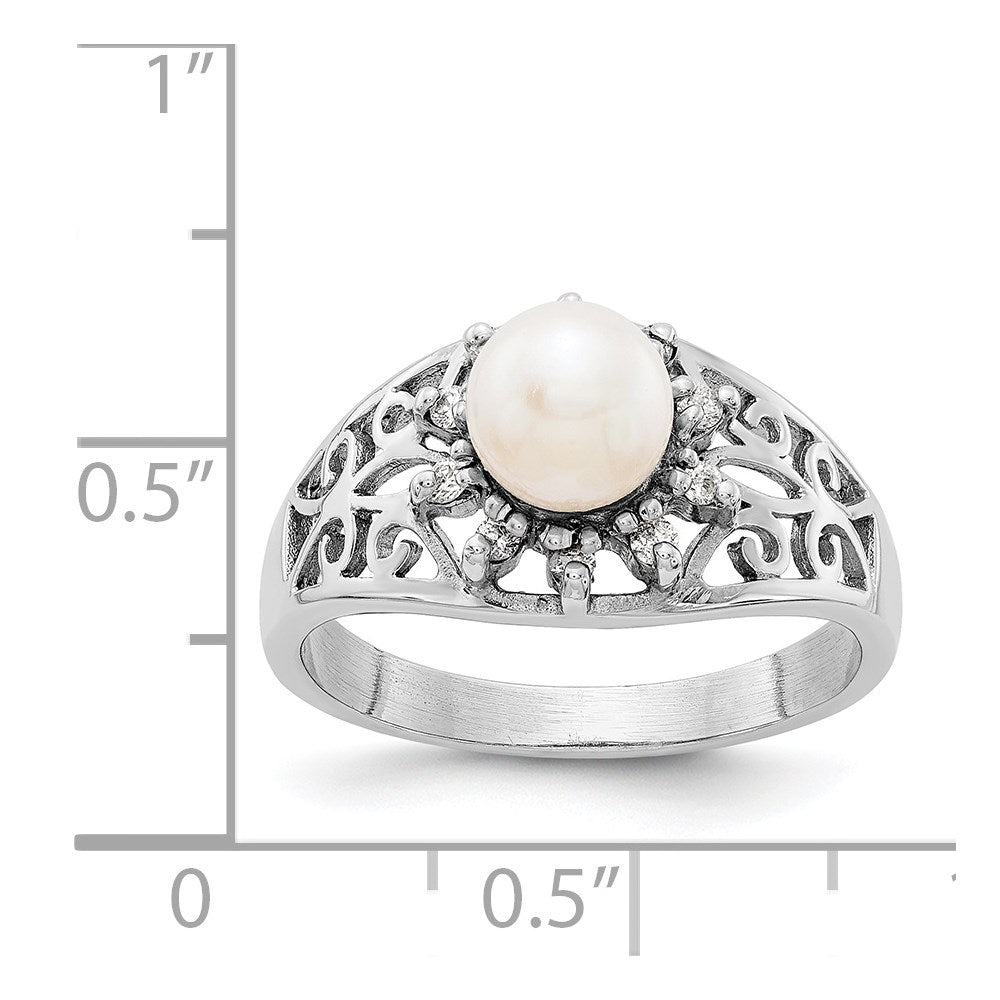 14K Weißgold 6mm Fw Zuchtperle Aa Diamant Ring