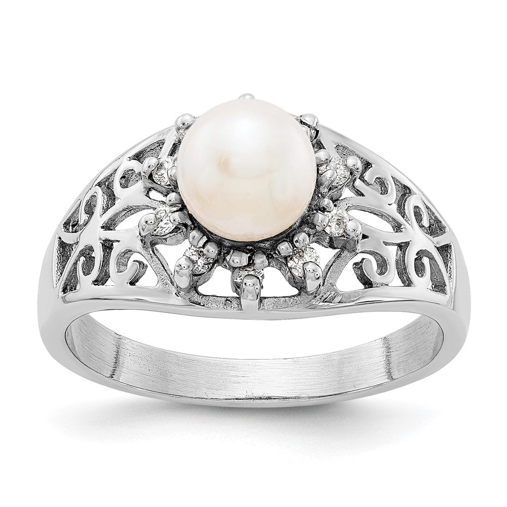 14K Weißgold 6mm Fw Zuchtperle Aaa Diamant Ring