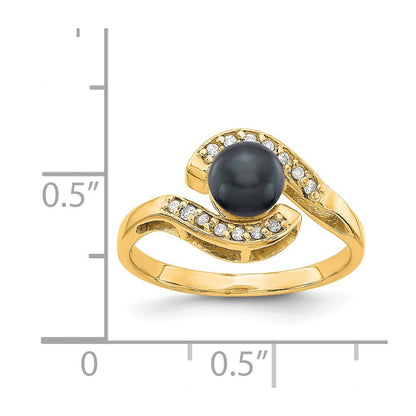 14K Gelbgold 5.5mm Schwarz Fw Zuchtperle A Echt Diamant Ring