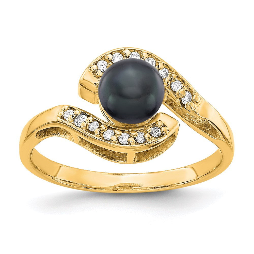 14K Gelbgold 5.5mm Schwarz Fw Zuchtperle A Echt Diamant Ring