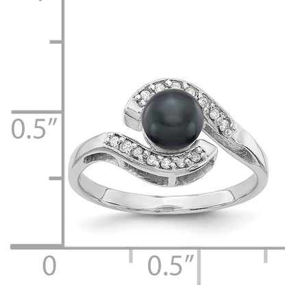 14K Weißgold 5.5mm Schwarz Fw Zuchtperle A Diamant Ring