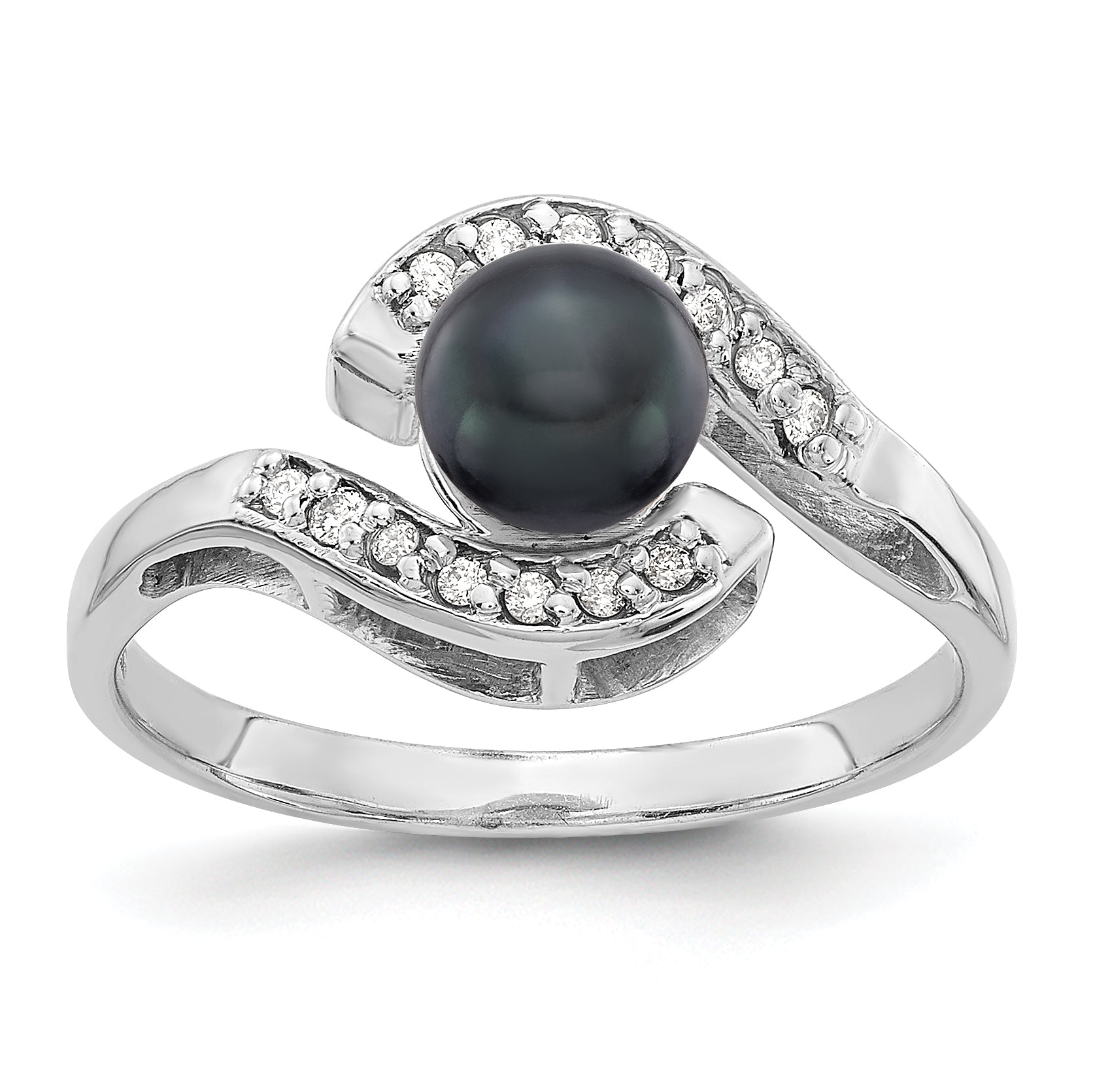14K Weißgold 5.5mm Schwarz Fw Zuchtperle A Diamant Ring