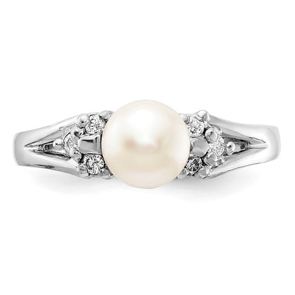 14K Weißgold 6mm Fw Zuchtperle A Echt Diamant Ring