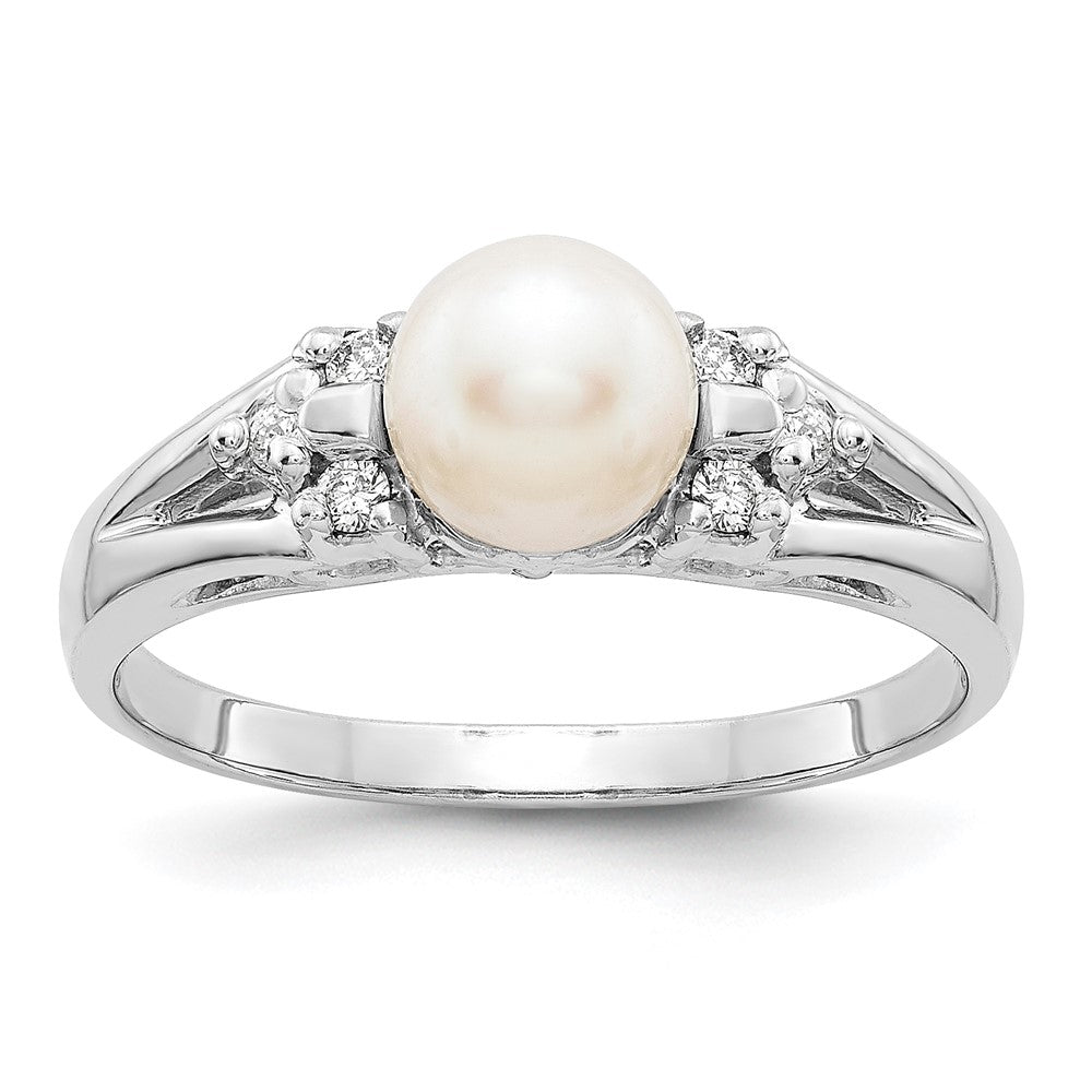 14K Weißgold 6mm Fw Zuchtperle A Echt Diamant Ring