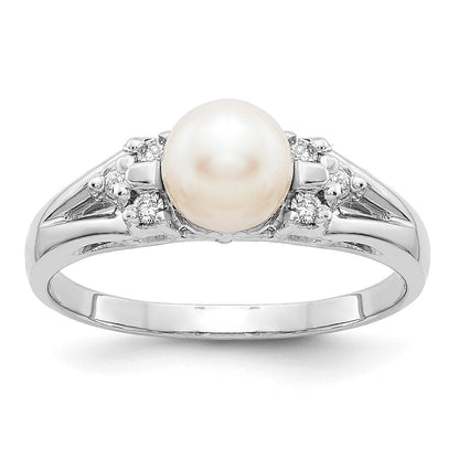 14K Weißgold 6mm Fw Zuchtperle A Echt Diamant Ring