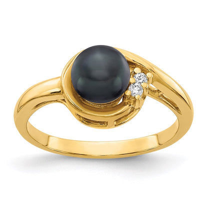 14K Gelbgold 6mm Schwarz Fw Zuchtperle A Echt Diamant Ring
