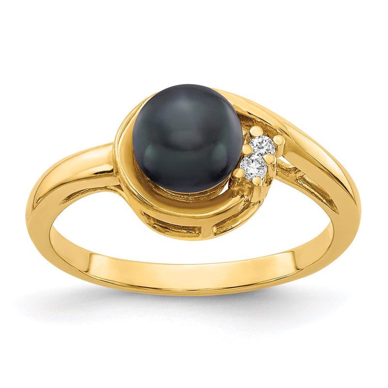 14K Gelbgold 6mm Schwarz Fw Zuchtperle A Echt Diamant Ring
