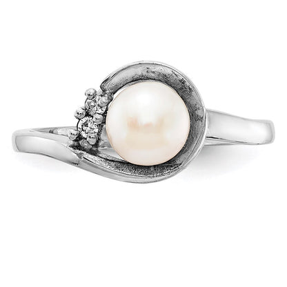 14K Weißgold 6mm Fw Zuchtperle A Echt Diamant Ring