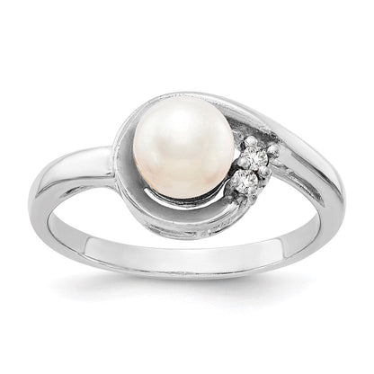 14K Weißgold 6mm Fw Zuchtperle A Echt Diamant Ring