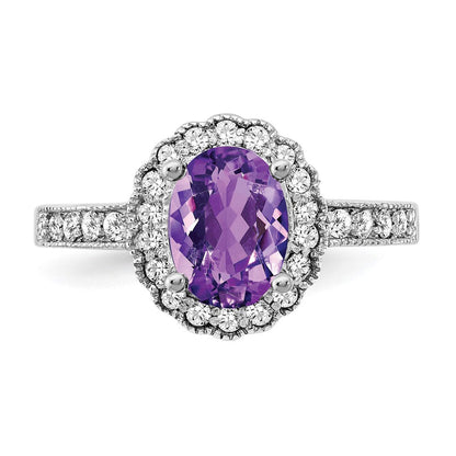 14K Weißgold 8x6mm Oval Amethyst Karo A Echt Diamant Ring