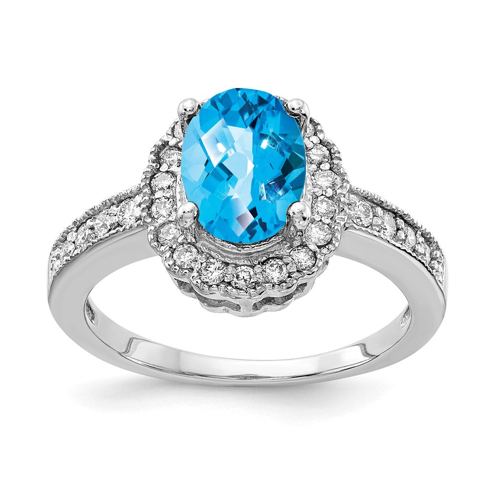 14K Weißgold 8x6mm Oval Blautopas Karo Aa Diamant Ring