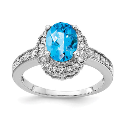 14K Weißgold 8x6mm Oval Blautopas Karo A Echt Diamant Ring