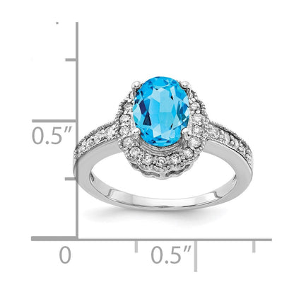 14K Weißgold Ring mit 8x6 mm ovalem blauem Topas und echten VS Diamanten