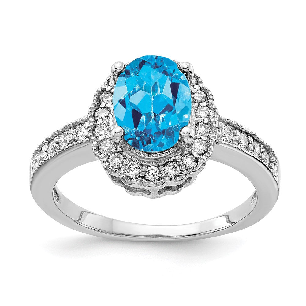 14K Weißgold Ring mit 8x6 mm ovalem blauem Topas und echten VS Diamanten