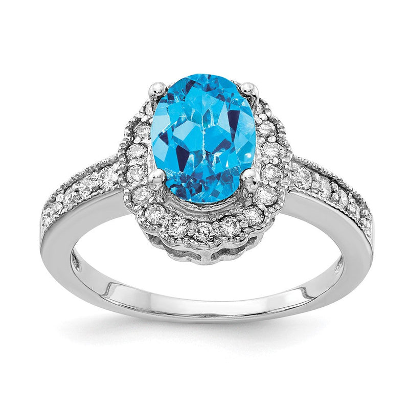 14K Weißgold Ring mit 8x6 mm ovalem blauem Topas und echten VS Diamanten
