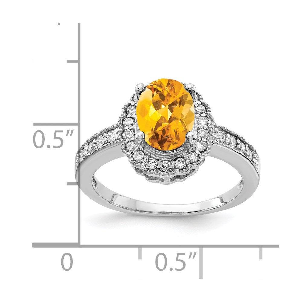 14K Weißgold Ring mit 8x6 mm ovalem Citrin und einem echten Diamanten