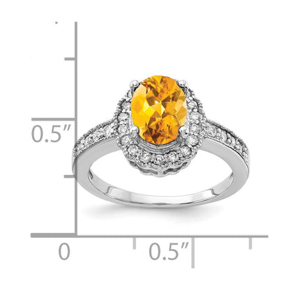 14K Weißgold Ring mit 8x6 mm ovalem Citrin und einem echten Diamanten