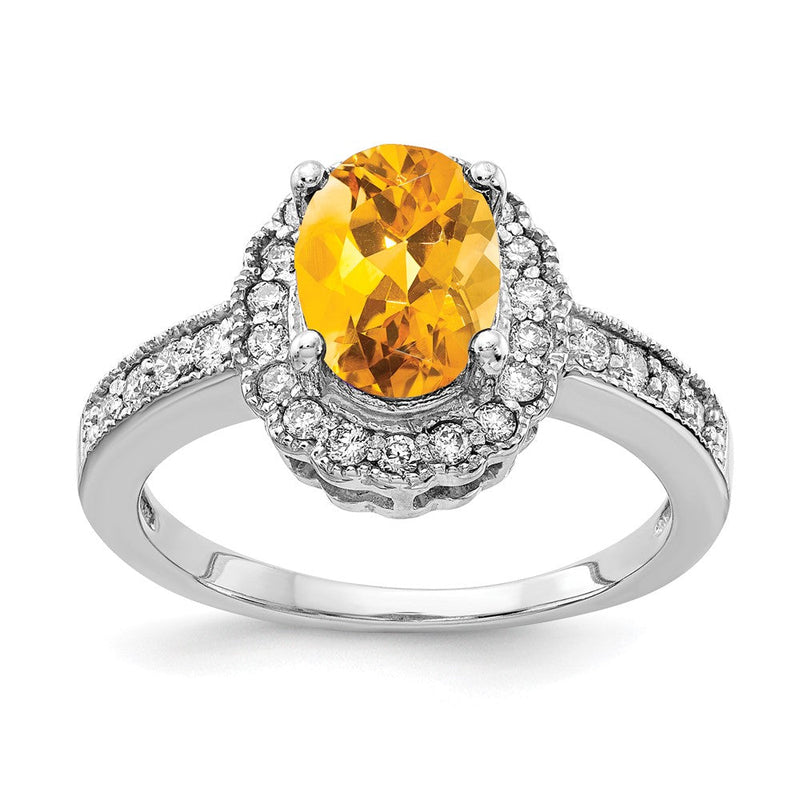 14K Weißgold Ring mit 8x6 mm Citrin im Oval-Schliff, Karo-Facettierung und echten Diamanten VS
