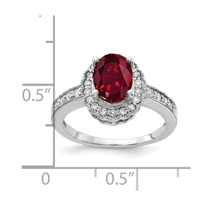 14K Weißgold Ring mit ovalem 8x6mm synthetischem Rubin und einem echten Diamanten
