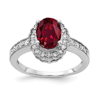 14K Weißgold Ring mit ovalem 8x6mm synthetischem Rubin und einem echten Diamanten