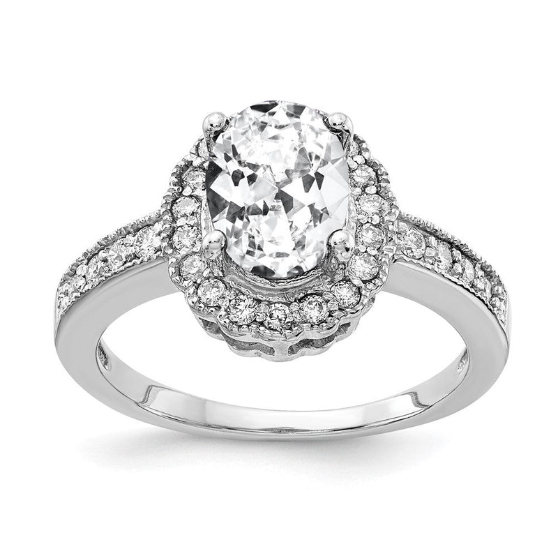 14K Weißgold Ring mit 8 x 6 mm ovalem Zirkonia und echtem Diamant VS