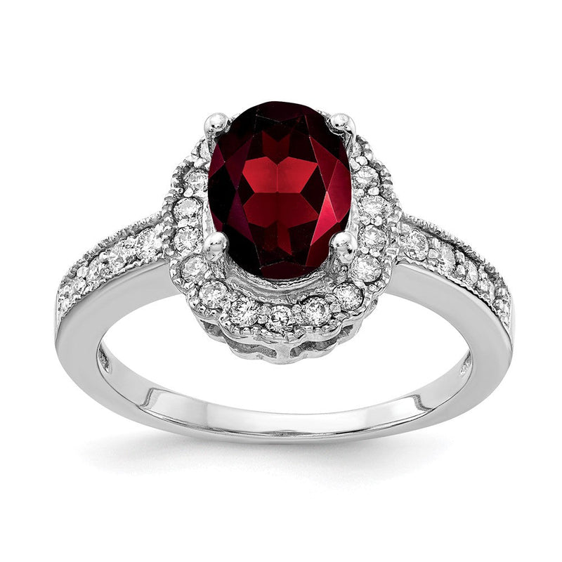 14K-Weißgold-Ring mit 8x6-mm-Granat im Schachbrettschliff, oval, AAA, und echten Diamanten