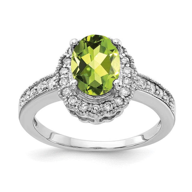 14K Weißgold Ring mit 8x6 mm ovalem Peridot im Schachbrettschliff AA und echten Diamanten