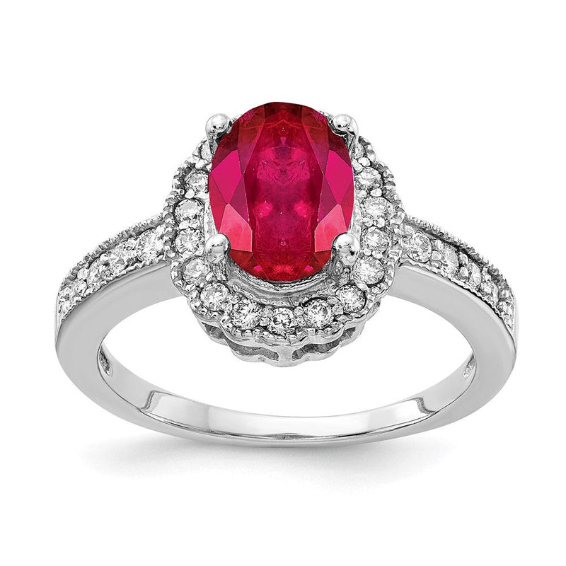 14K Weißgold Ring mit 8x6 mm ovalem Rubin AA und echten Diamanten