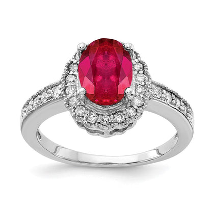 14K Weißgold Ring mit 8x6 mm ovalem Rubin A und echten Diamanten