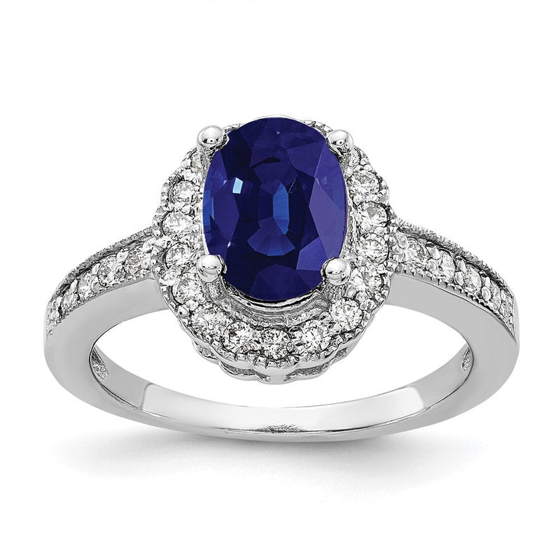 14K Weißgold Ring mit 8x6 mm ovalem Saphir AAA und echten Diamanten
