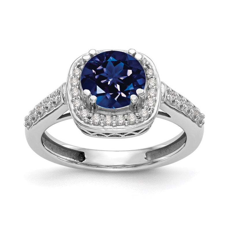 14K Weißgold Ring mit 6-mm-Saphir A und echtem Diamant