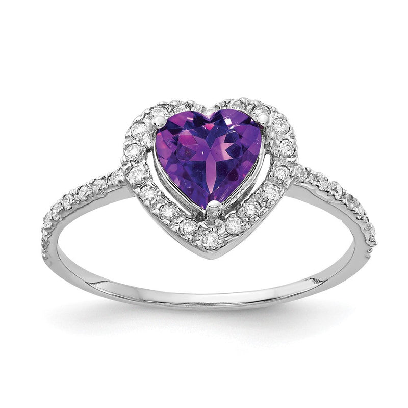 14K Weißgold Ring mit 6-mm-Amethyst in Herzform und echten Diamanten VS
