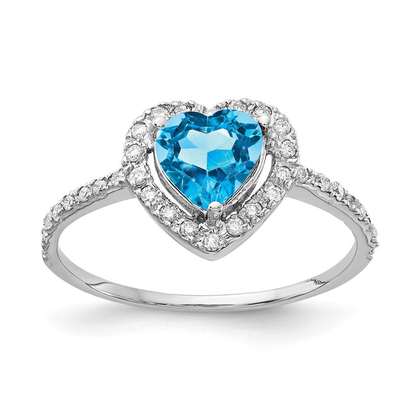 585 Weißgold Ring mit 6 mm Blautopas im Herzschliff AA und echten Diamanten
