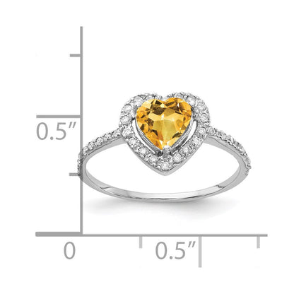 Ring aus 14K Weißgold mit Citrin im Herzschliff 6 mm VS und echten Diamanten