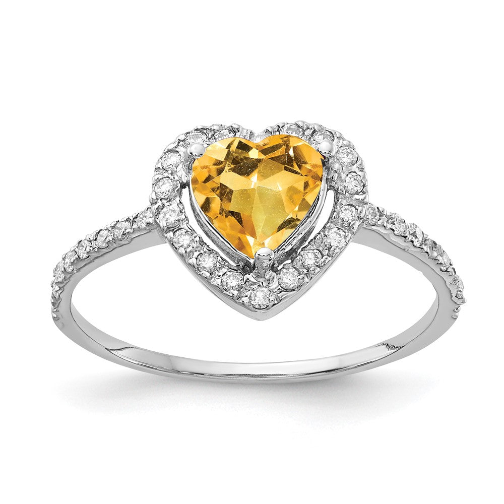 14K Weißgold Ring mit 6-mm-Citrin im Herzschliff und echtem Diamant