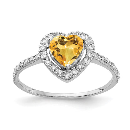 14K Weißgold Ring mit 6-mm-Citrin im Herzschliff und echtem Diamant
