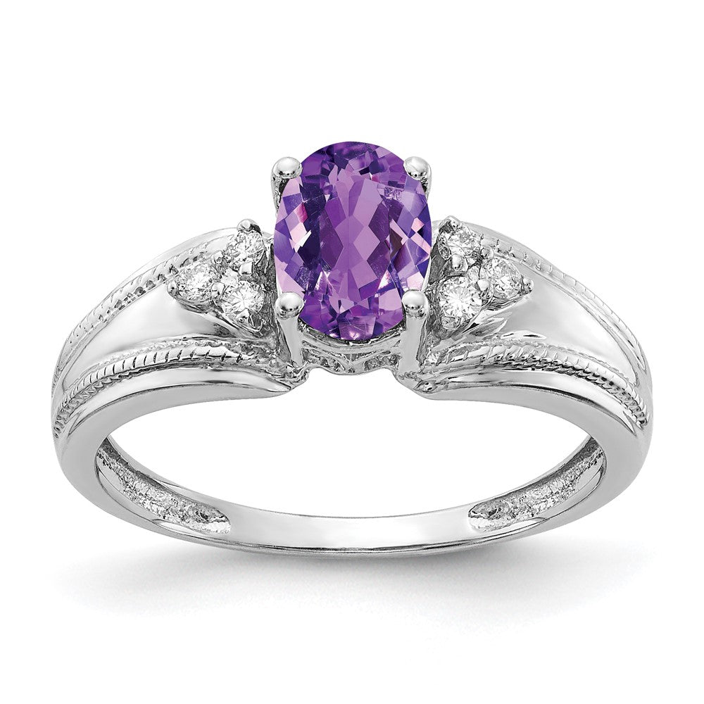 14K Weißgold 7x5mm Oval Amethyst A Echt Diamant Ring