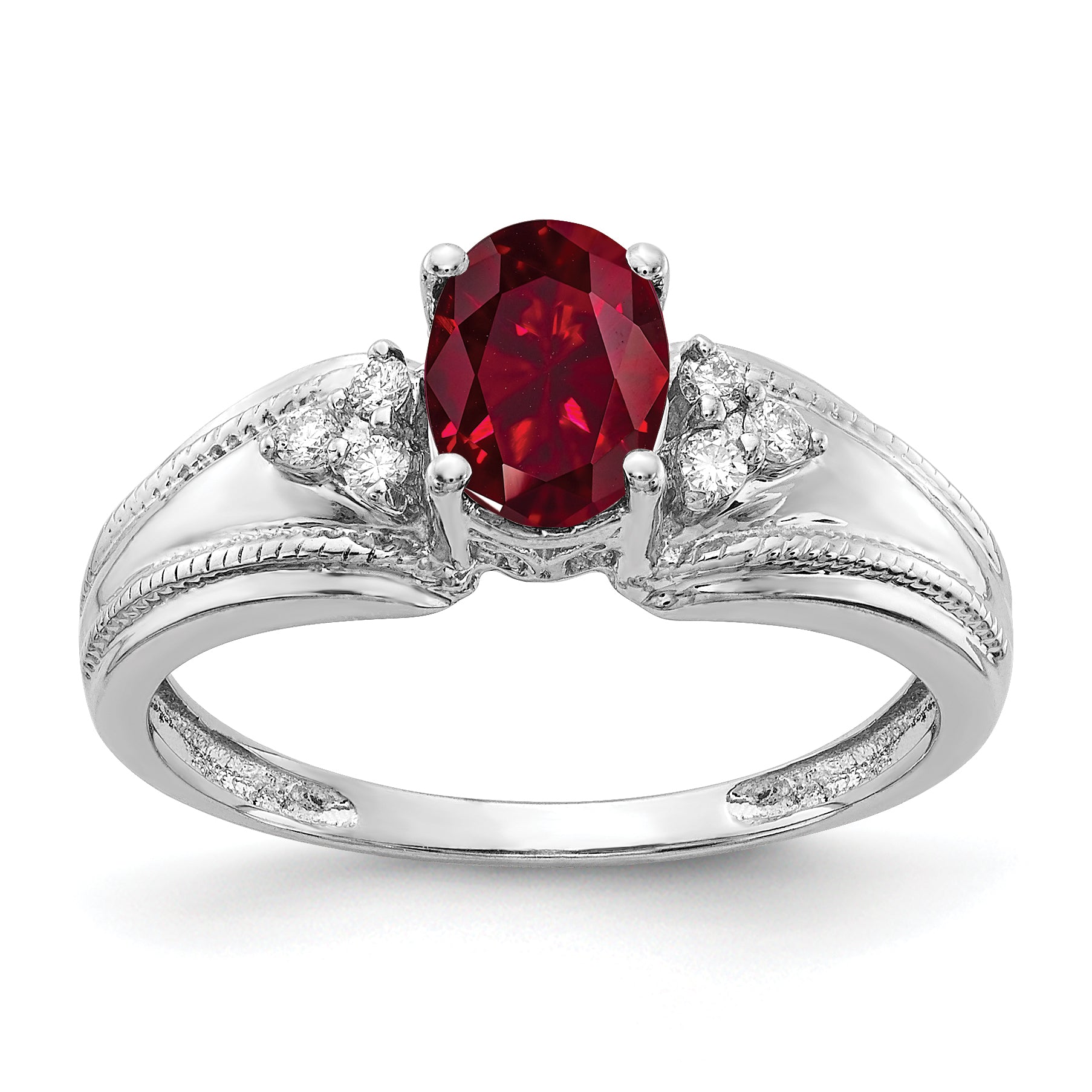 14K Weißgold 7x5mm Oval Erzeugt Rubin Aa Diamant Ring
